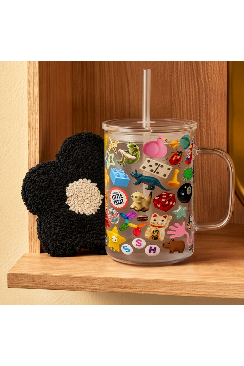 Trinket Core Glass Mug & Daisy Mug Rug Bundle, Alternate, color, Clear, Black