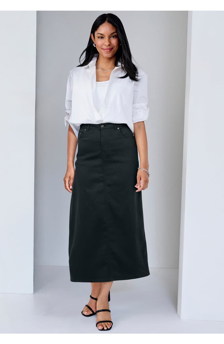 Jessica London True Fit Stretch Denim Midi Skirt, Alternate, color, Black