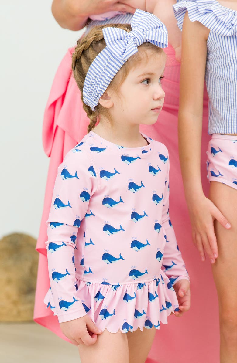 RuffleButts Pink Whale Friends 2-Piece Rashguard Swimsuit & Headband Set, Alternate, color, Pink