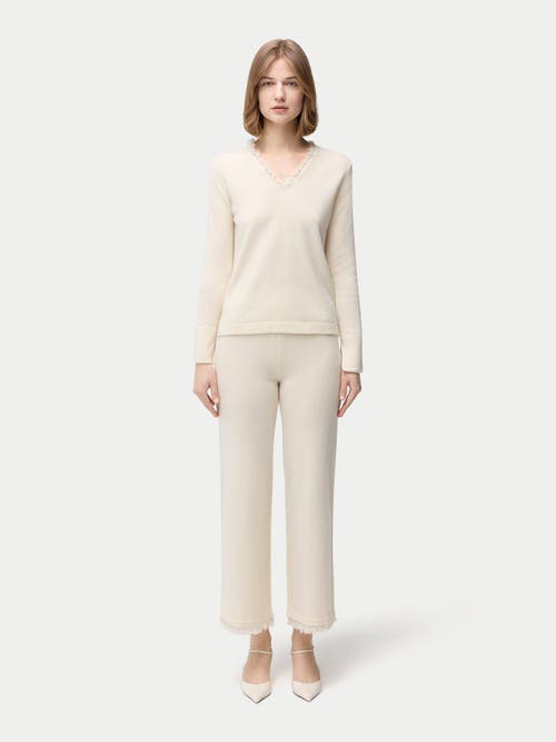 Gobi Mongolian Cashmere Organic Colour Fringed V-neck Cashmere Sweater In White