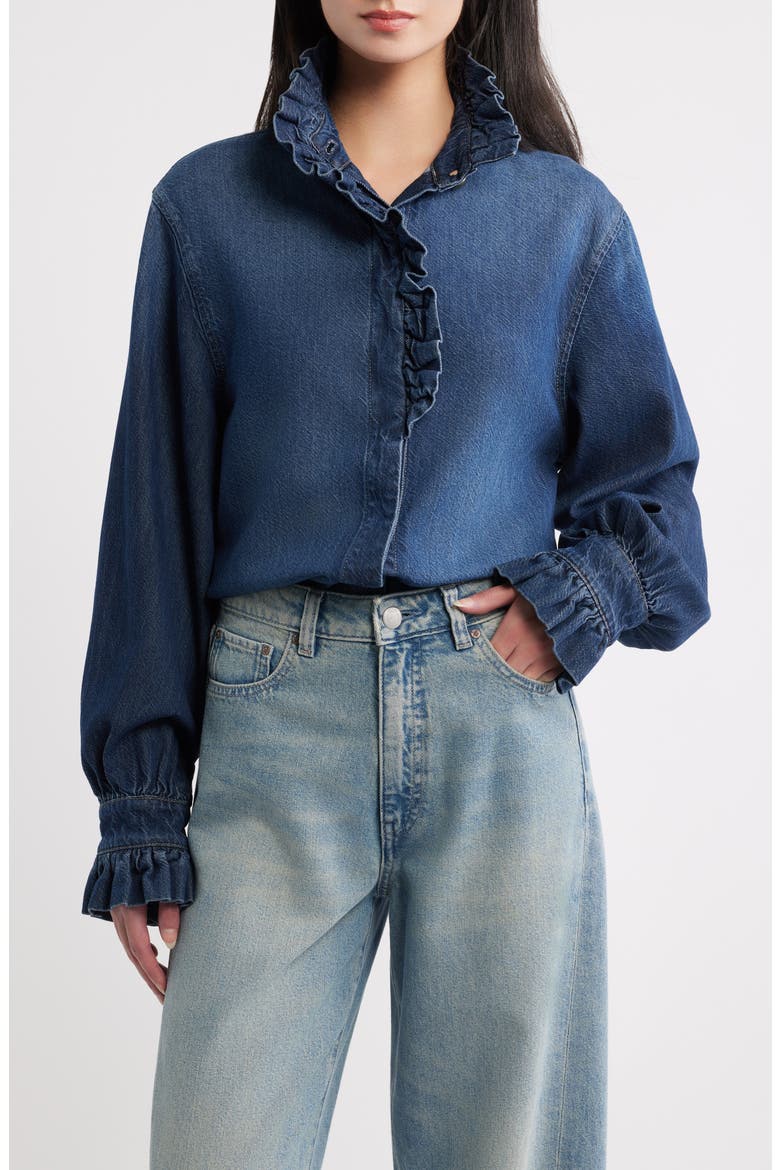 DL Aura Ruffle Denim Shirt, Main, color, FALL BLUES AURA