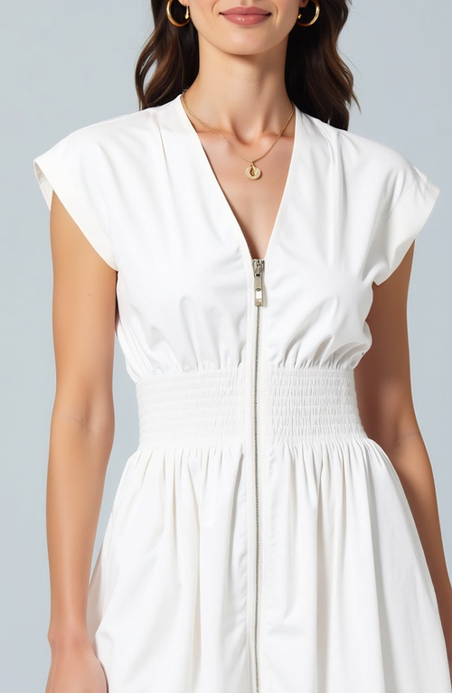 Modenaire Cap Sleeve Midi Dress With Smocked Waist Front Zip And Eyelet Hem In White