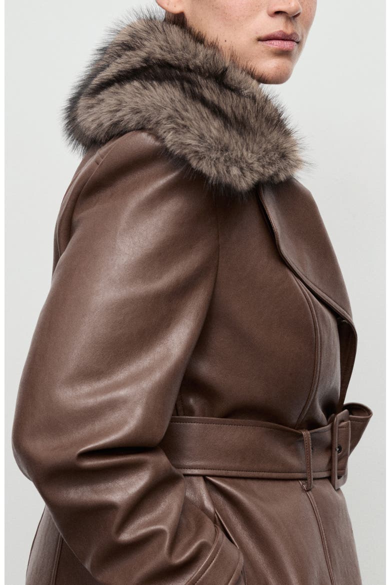 Fernanda Faux Leather Belted Coat with Removable Faux Fur Trim, Alternate, color, MEDIUM BROWN