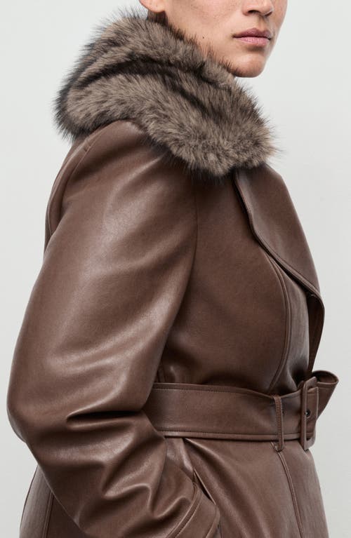 Mango Fernanda Faux Leather Belted Coat With Removable Faux Fur Trim In Brown