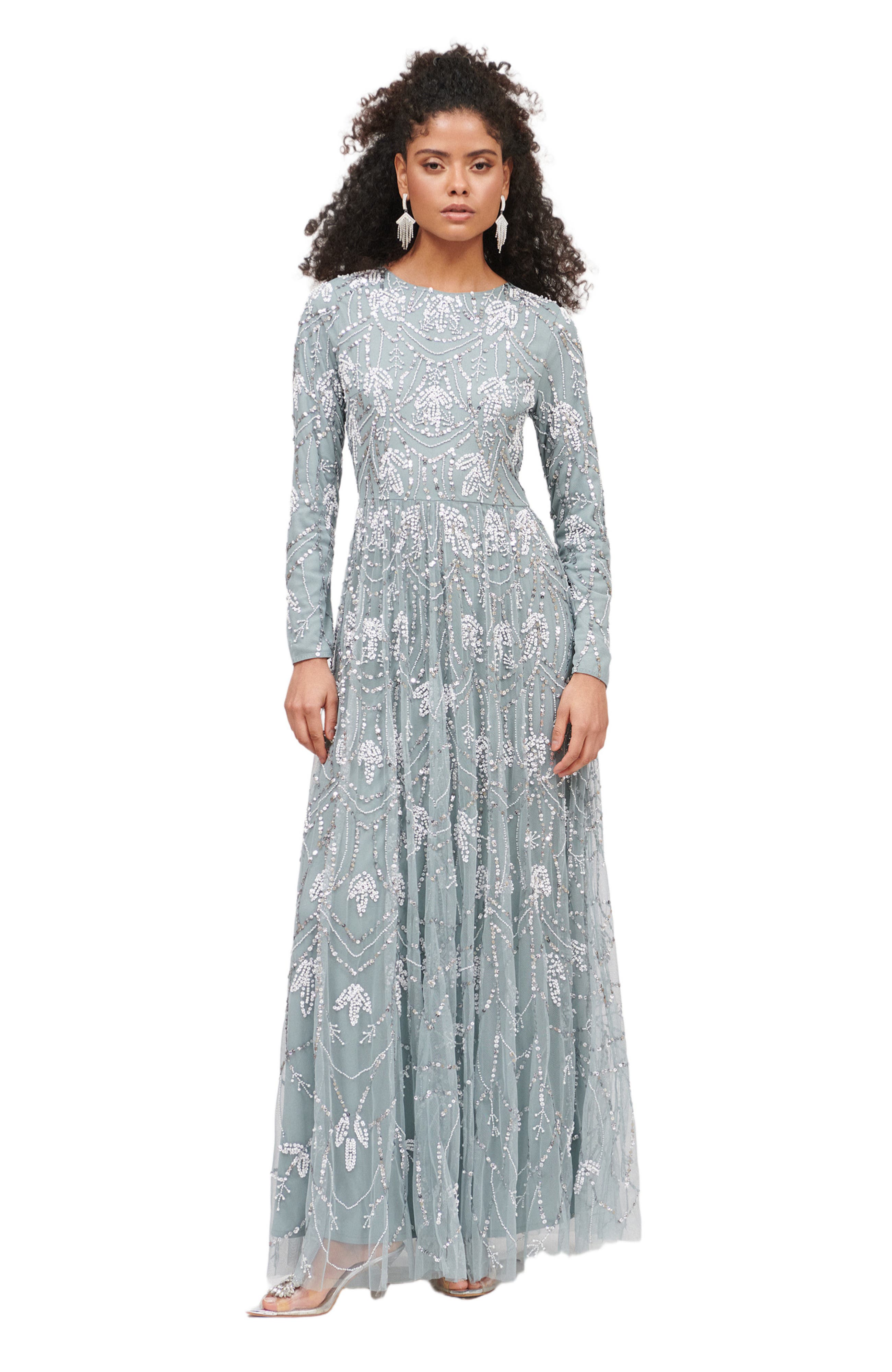 MARYISA Occasion Modest Embellished Sequin Beaded Floral Evening Maxi Dress in Misty Grey 