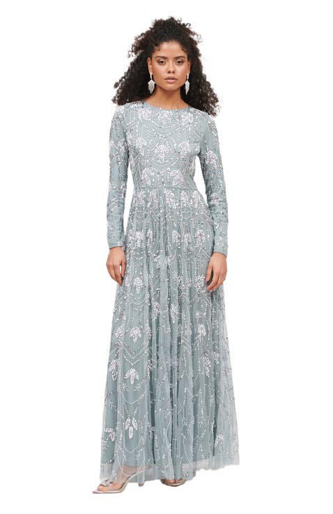 Occasion Modest Embellished Sequin Beaded Floral Evening Maxi Dress