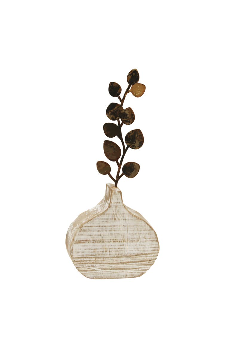 Wood Vase with Floral Decor, Main, color, Brown