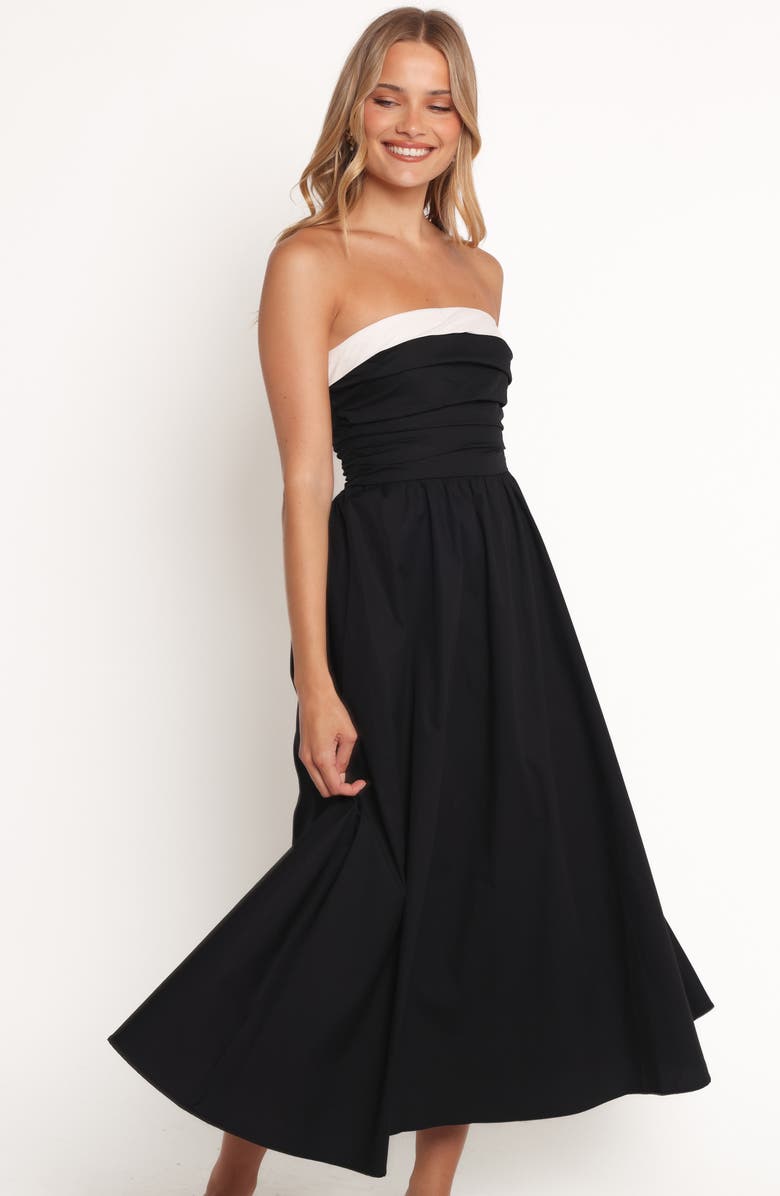 Petal & Pup Marias Strapless Cotton Midi Dress, Alternate, color, Black