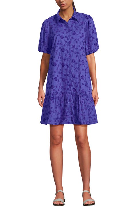 Elbow Sleeve Eyelet Knee Length Shirt Dress