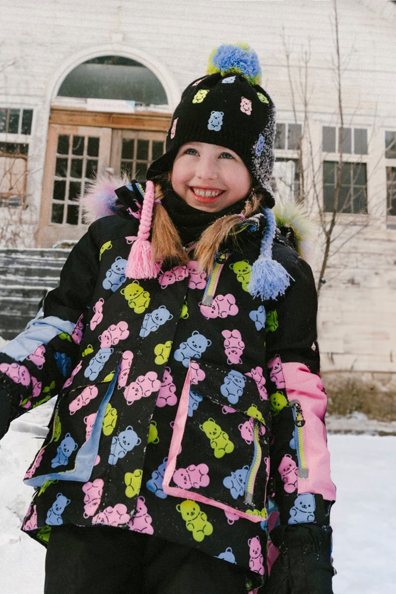Play Gummy Bear Jacket & Reinforced Pants Two Piece Snowsuit, Alternate, color, Black Printed Gummy Bears
