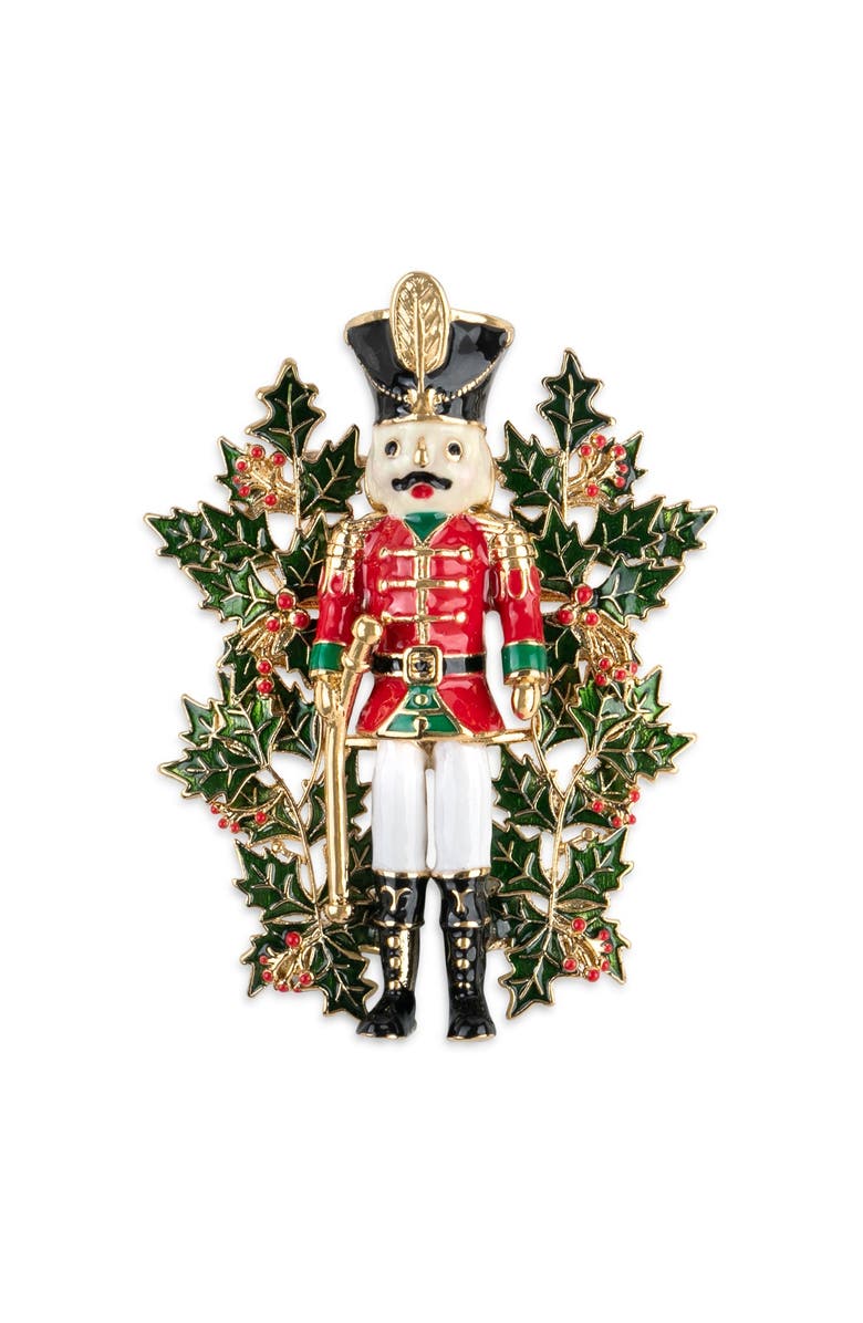 Bill Skinner Studio Nutcracker and Holly Brooch, Main, color,