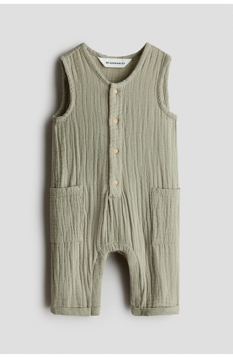 H&M Cotton Muslin Romper Suit, Main, color, Khaki Green