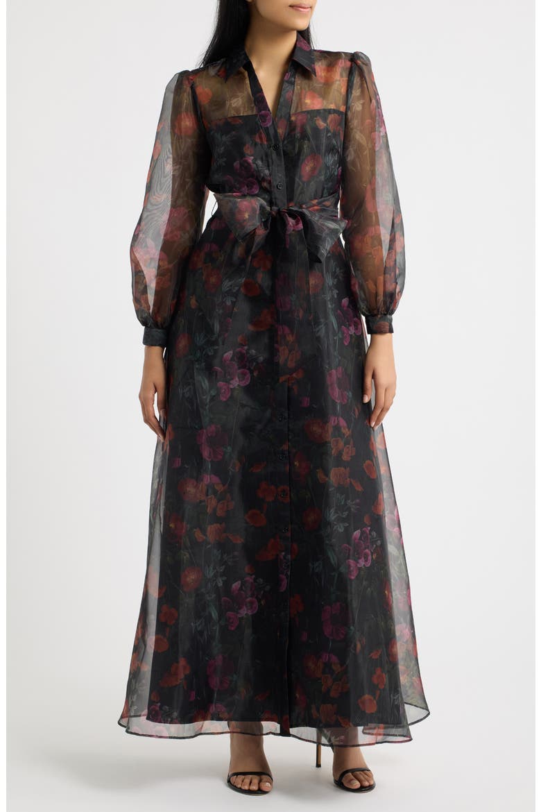 Floral Long Sleeve Organza Shirtdress, Main, color, BLACK MULTI