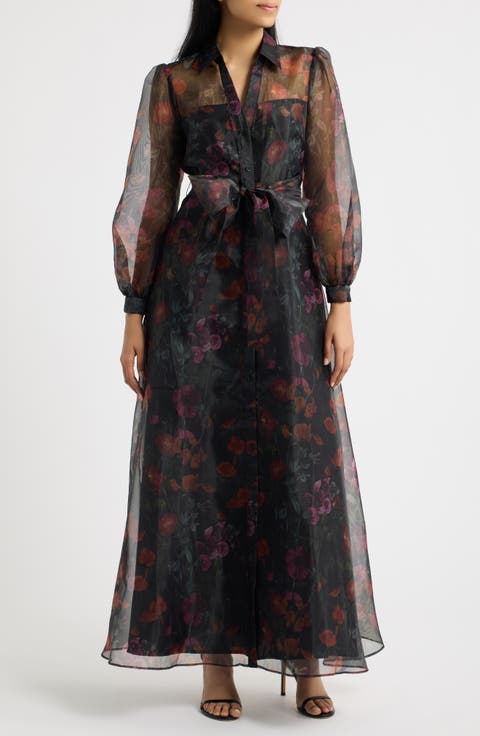 Floral Long Sleeve Organza Shirtdress