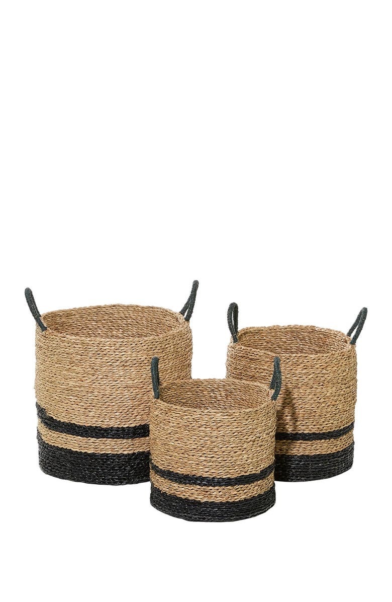 GINGER BIRCH STUDIO Black And Natural Woven Striped Round Seagrass Baskets With Handles - Set Of 3: 15" - 17" - 18", Main, color, 