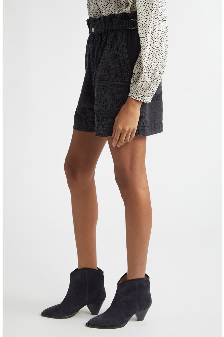 Kisha Embroidered Eyelet Denim Paperbag Shorts, Alternate, color, FADED BLACK