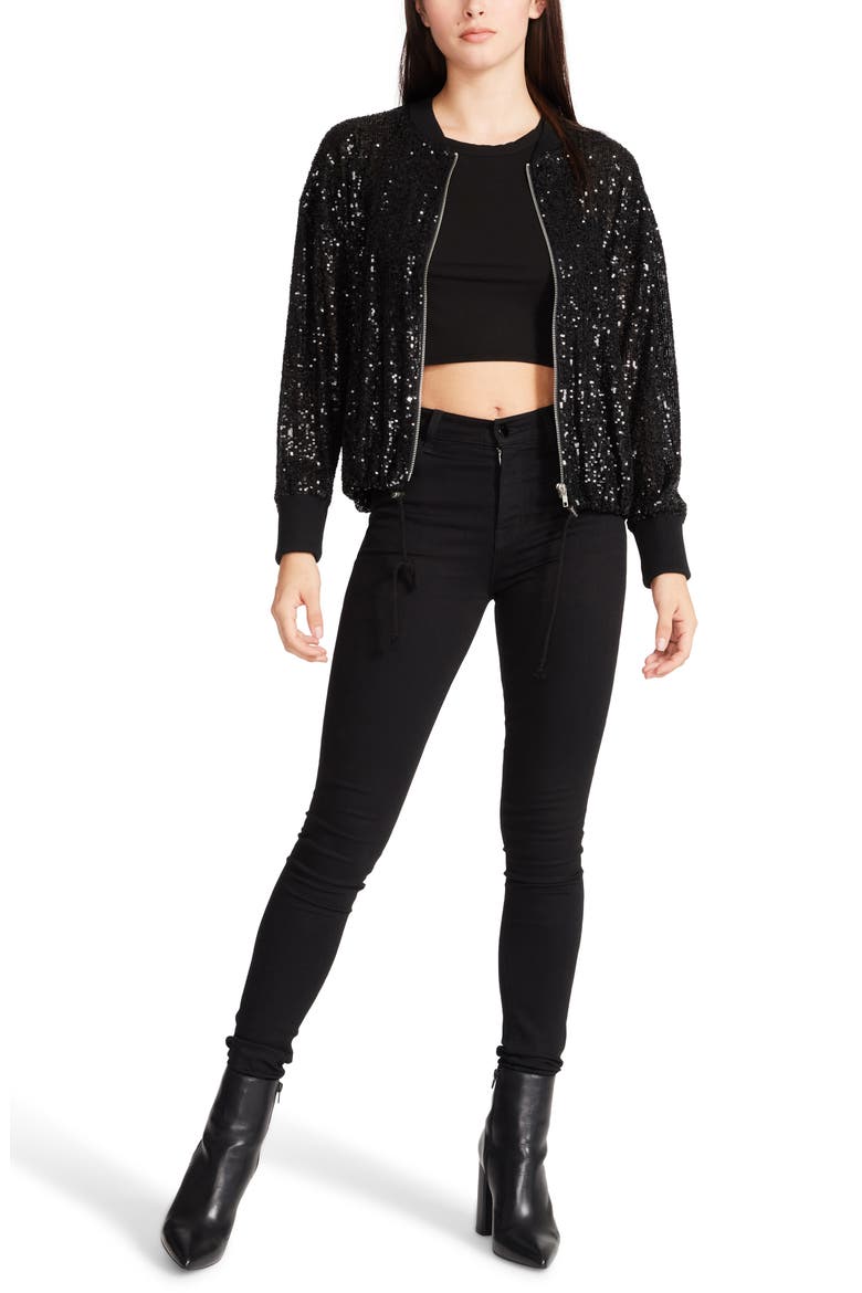BB DAKOTA BY STEVE MADDEN Sequin Dolman Sleeve Zip Jacket, Alternate, color, BLACK SEQUIN