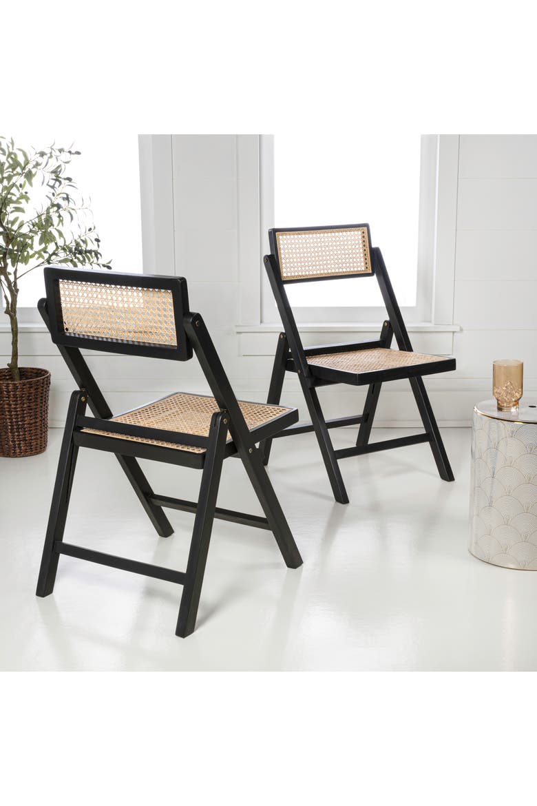 Theo Mid-Century Wood and Rattan Armless Folding Chairs, Set of 2 Woven Cane Seats for Dining and Living Room, Alternate, color, Black