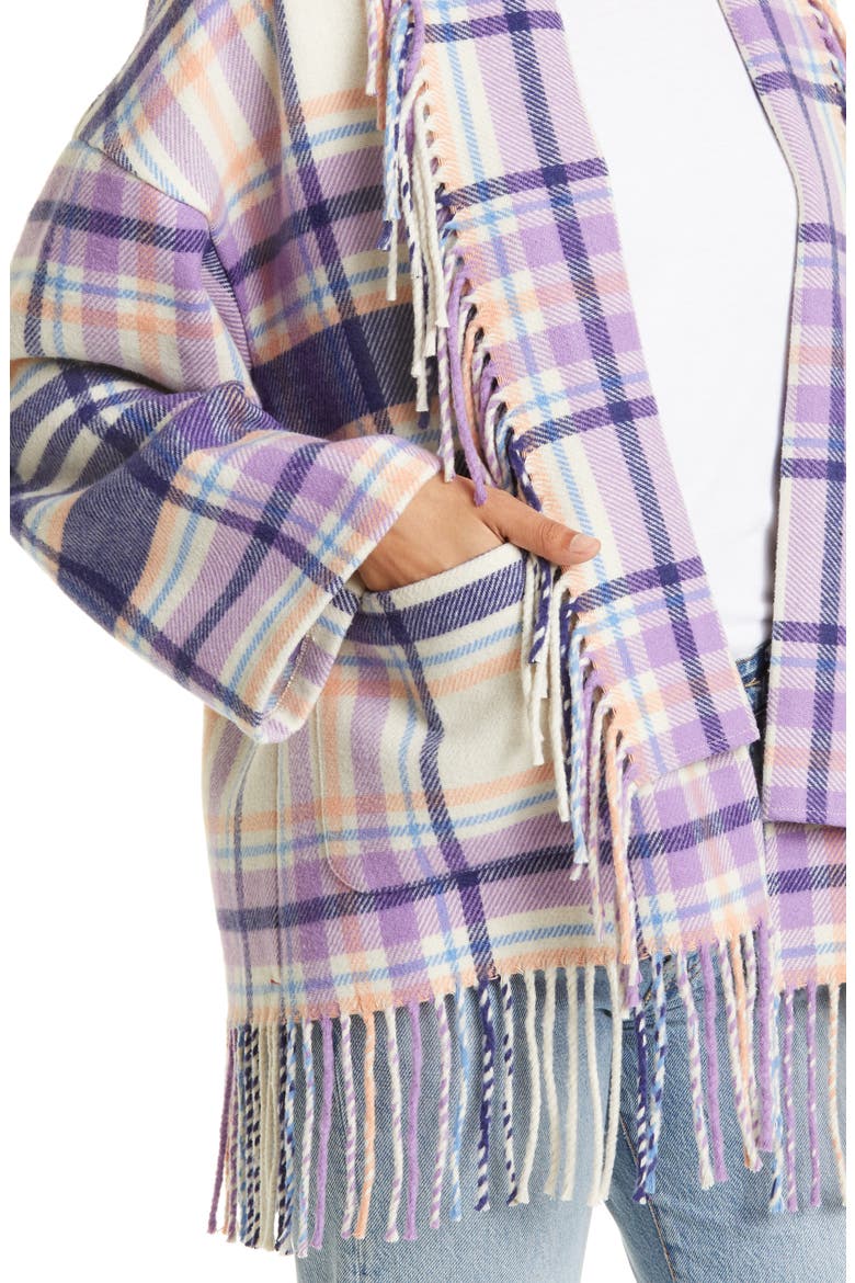 Austyn Plaid Fringed Open Front Jacket, Alternate, color, INDIGO