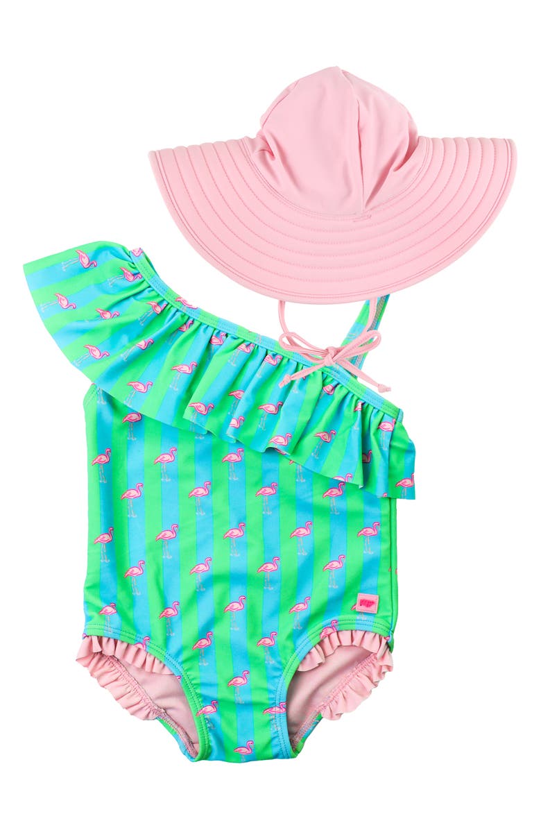 RuffleButts Neon Flamingo One-Piece Swimsuit & Hat Set, Main, color, 