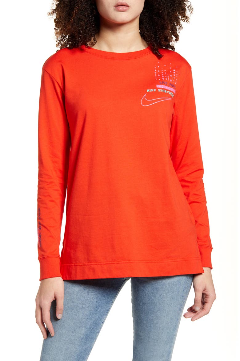 Live Free Logo Graphic Long Sleeve Cotton Tee, Main, color, HABANERO RED