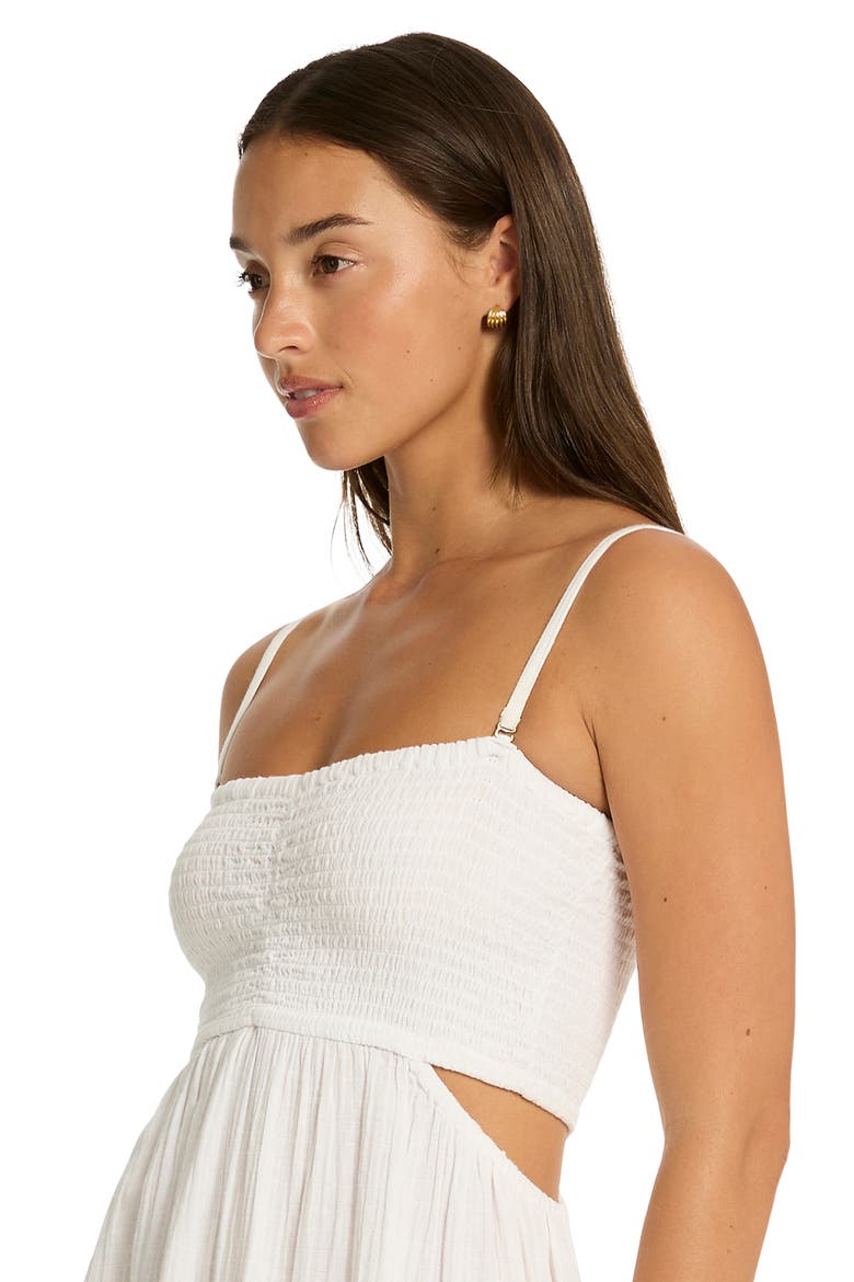 Smocked Bodice Cotton Seersucker Cover-Up Dress, Alternate, color, WHITE