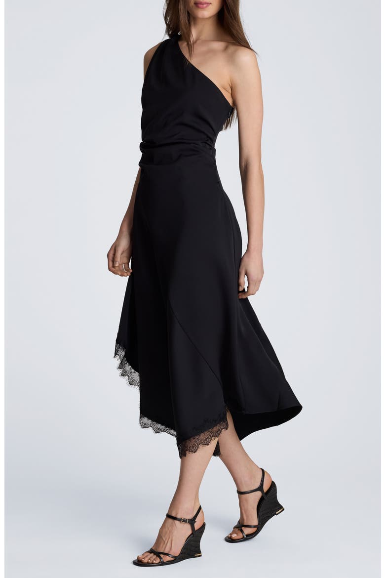 One-Shoulder Lace Hem Asymmetric Dress, Alternate, color, BLACK