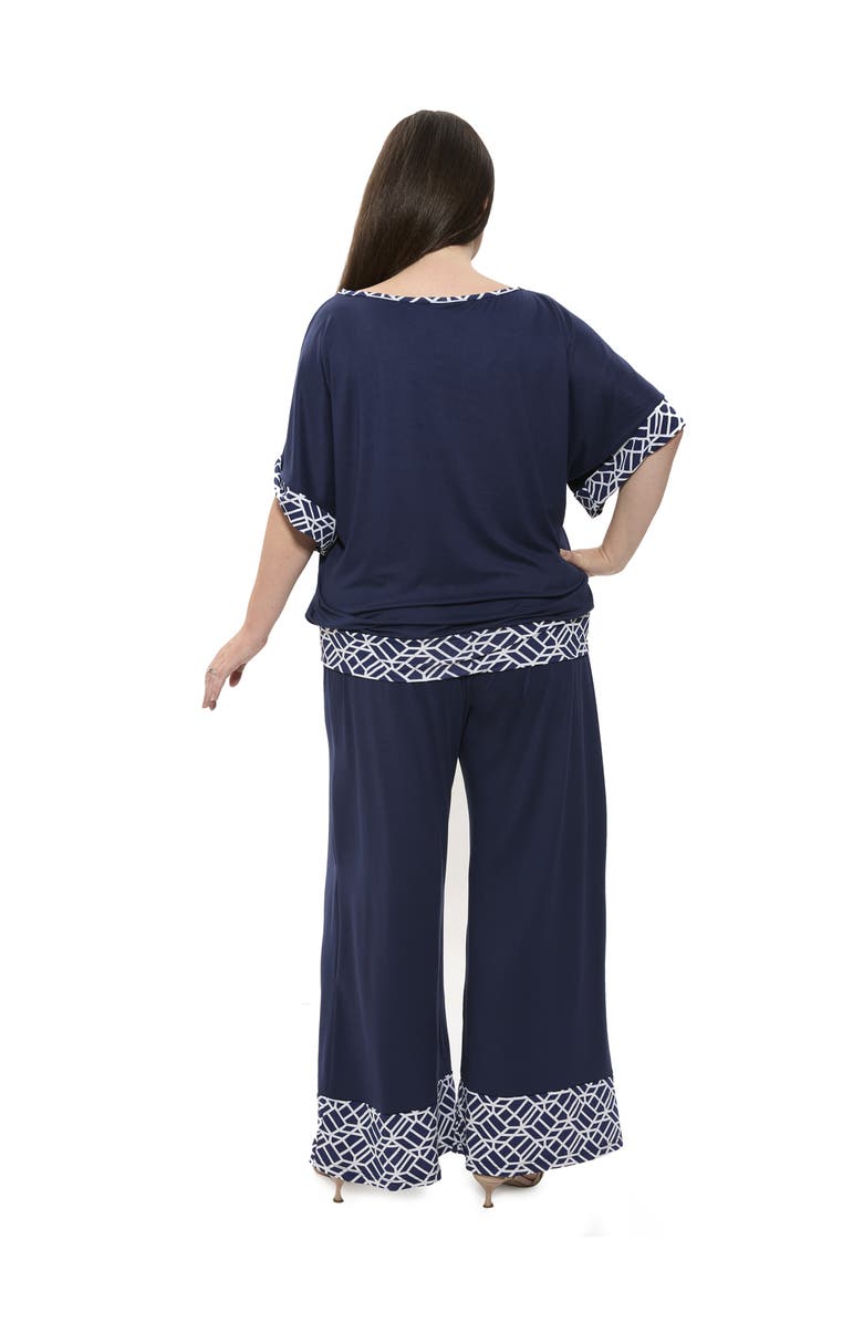 24seven Comfort Apparel Plus Size Boat Neck Dolman Sleeve Printed Trim Top and Pant Set, Alternate, color, Navy