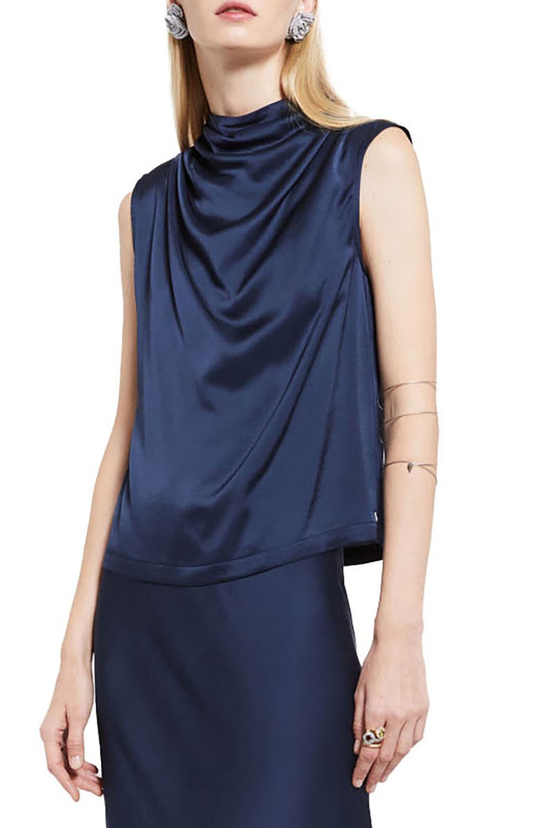 ottod'Ame Draped Satin Sleeveless Top, Main, color, Blue