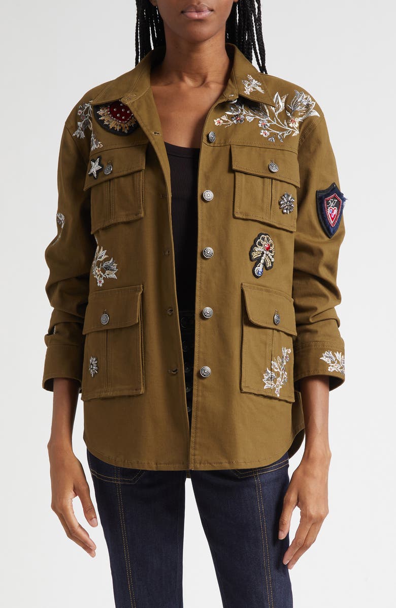 Cinq à Sept Embroidered Patch Jacket, Main, color, Dark Olive/ Multi
