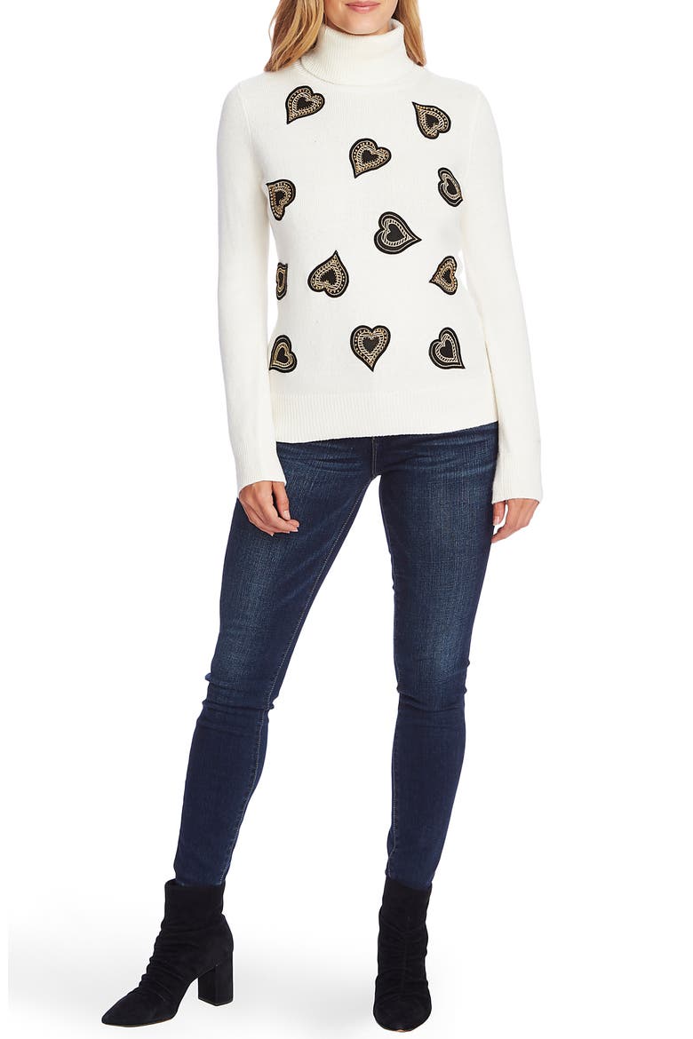 Heart Embellished Turtleneck Sweater, Alternate, color, ANTIQUE WHITE