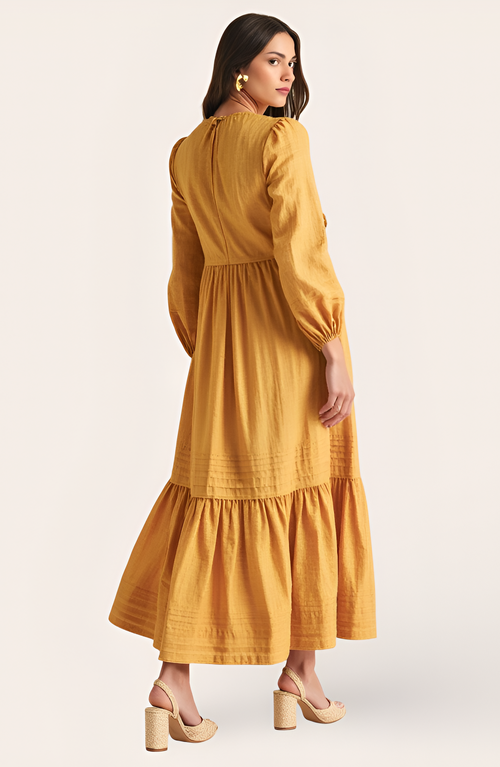 Modenaire Midi Shirred Neckline Tie Front Long Sleeve Tiered Hem Dress In Yellow