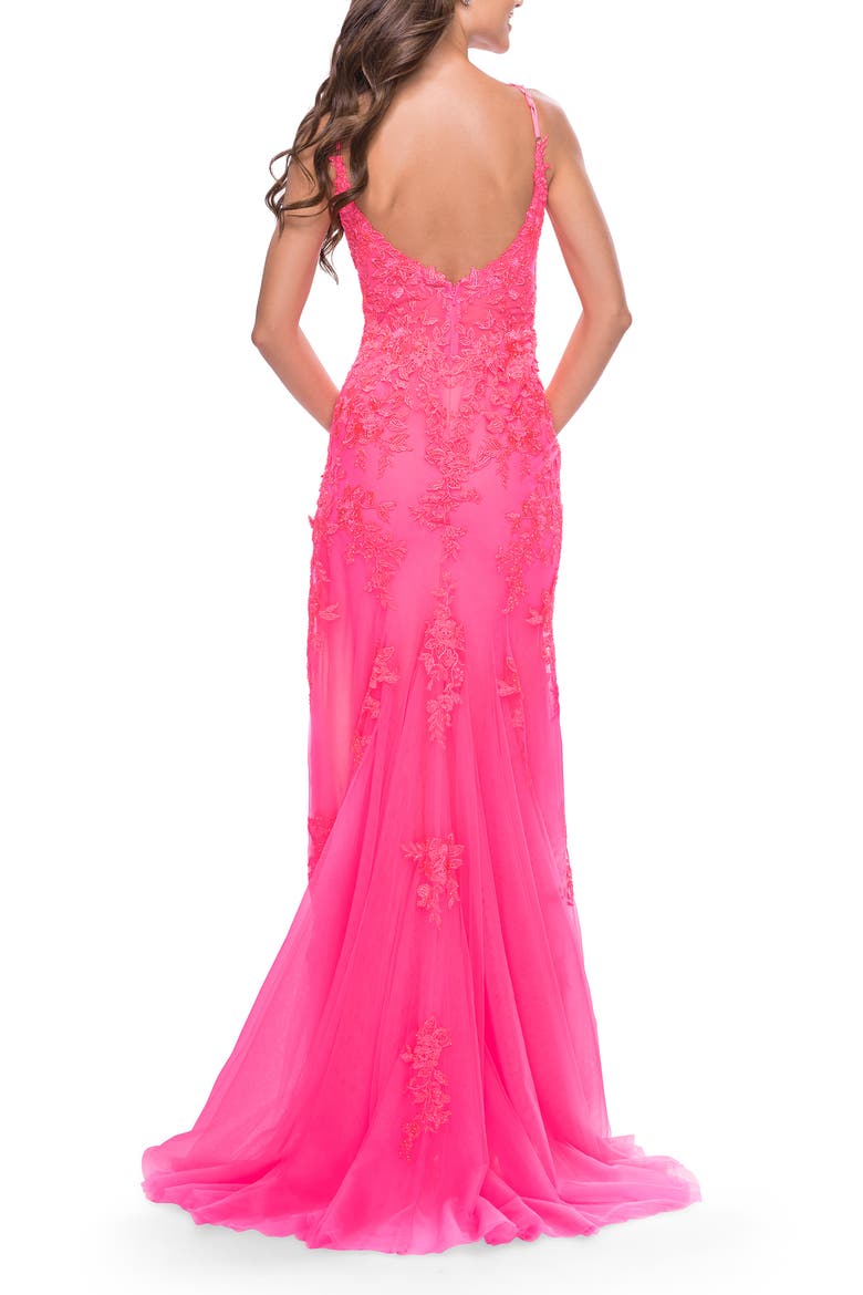 Lace Long Dress with High Side Slit and V Neckline, Alternate, color, Neon Pink