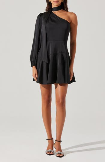Astr The Label Satin Scarf One-shoulder Minidress In Black