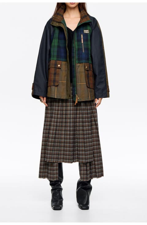 Short Multicolor Checked High Neck Trench