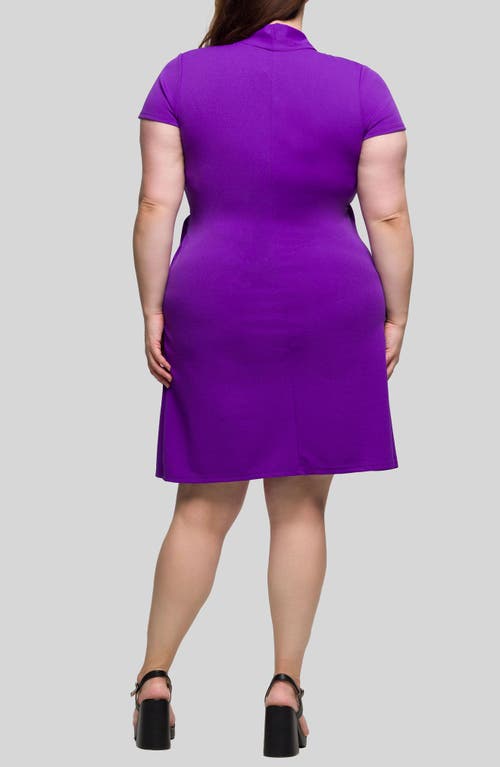 24seven Comfort Apparel Plus Size Mandarin Collar Knee Length Wrap Dress In Purple