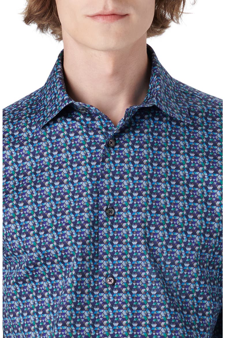 OoohCotton® Geo Print Button-Up Shirt, Alternate, color, PEACOCK