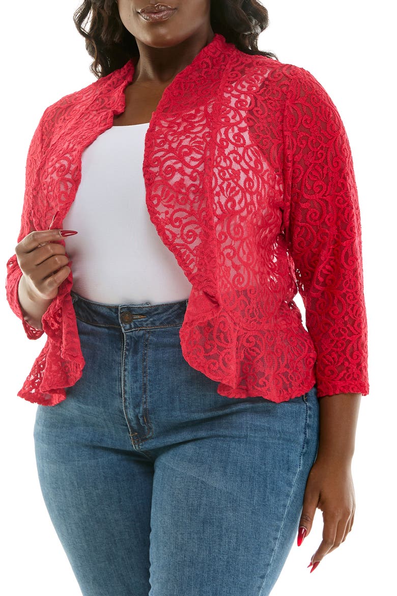 Ruffle Lace Bolero, Alternate, color, CHERRY