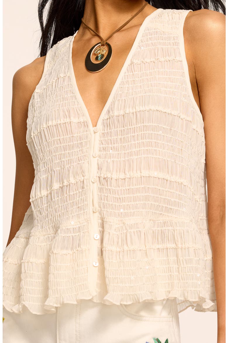 Elise Smocked Sleeveless Button-Up Shirt, Alternate, color, BONE CHIFFON