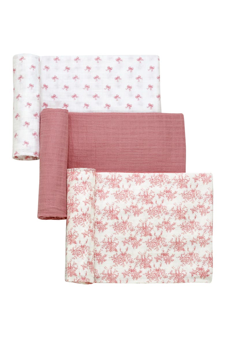 3-Pack Floral Bow Cotton Muslin Swaddle Blankets, Main, color, PINK