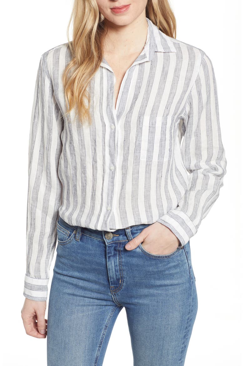 The Hero Stripe Tumbled Linen Shirt, Main, color, SORAYA NAVY STRIPE