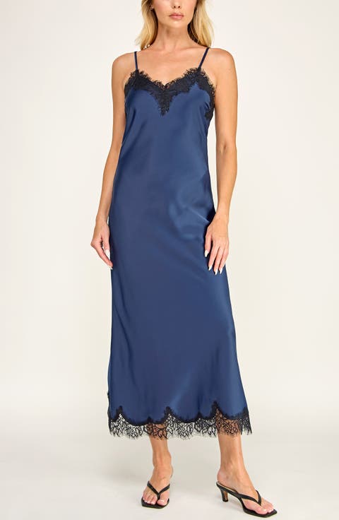 Lace Trim Satin Slip Midi Dress