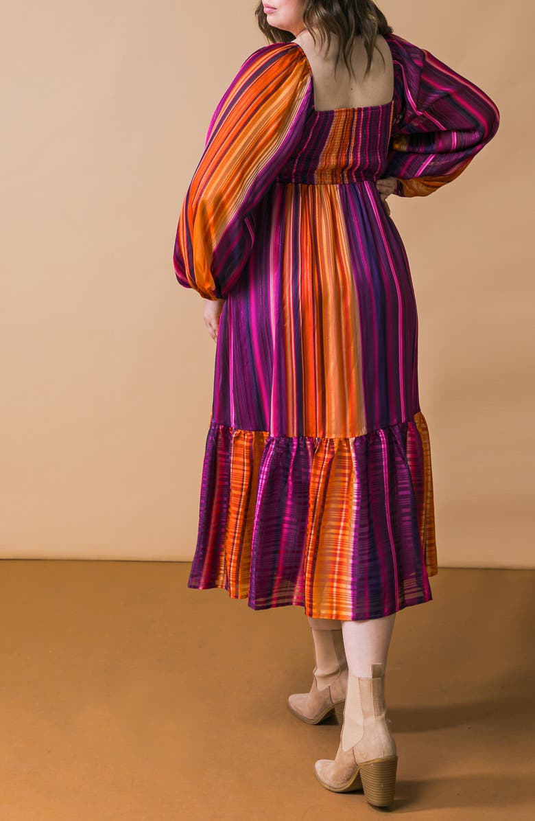 FLYING TOMATO Metallic Stripe Long Sleeve Chiffon Midi Dress, Alternate, color, Purple Orange