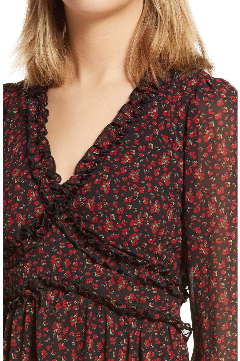 Floral Ruffle Long Sleeve Minidress, Alternate, color, BLACK