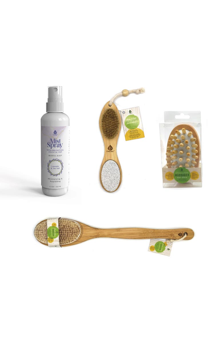 PURSONIC Home Spa Collection Natural Wood Massager, 4-in-1 Foot Scrubber,  Bath Brush, and Lavender & Sea Salt Mist Spray, Main, color, Beige