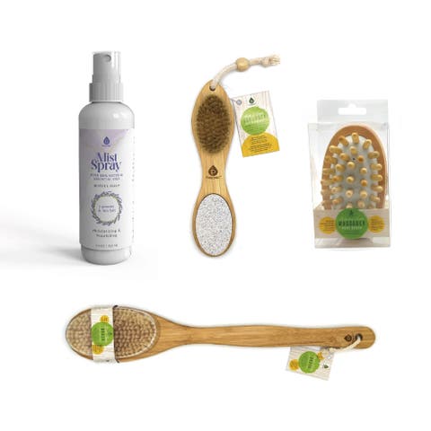 Home Spa Collection Natural Wood Massager, 4-in-1 Foot Scrubber,  Bath Brush, and Lavender & Sea Salt Mist Spray