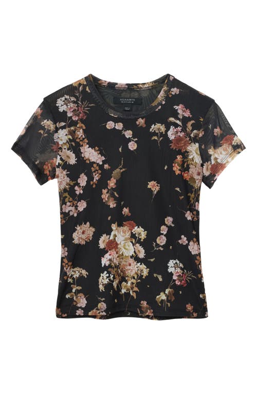 Allsaints Womens Armada Black Ellie Round-neck Floral-print Stretch-mesh T-shirt In Black