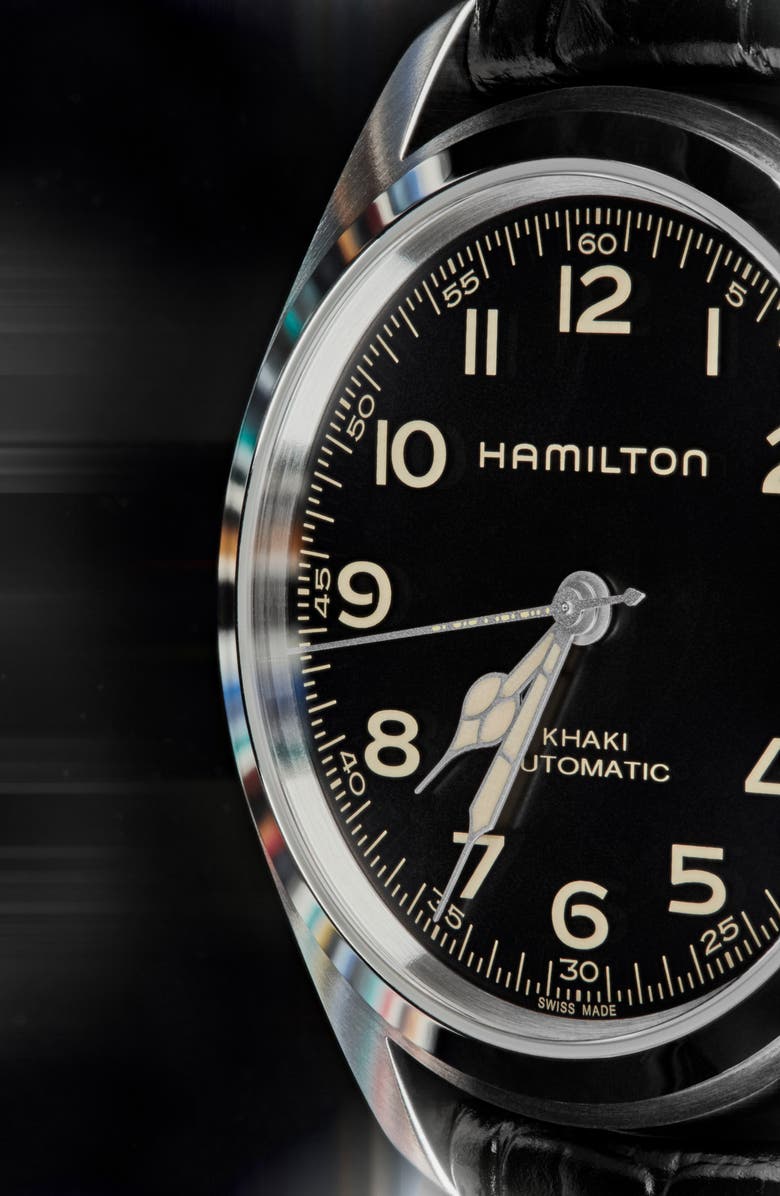 Hamilton Khaki Field Automatic Leather Strap Watch, 42mm, Alternate, color, Black