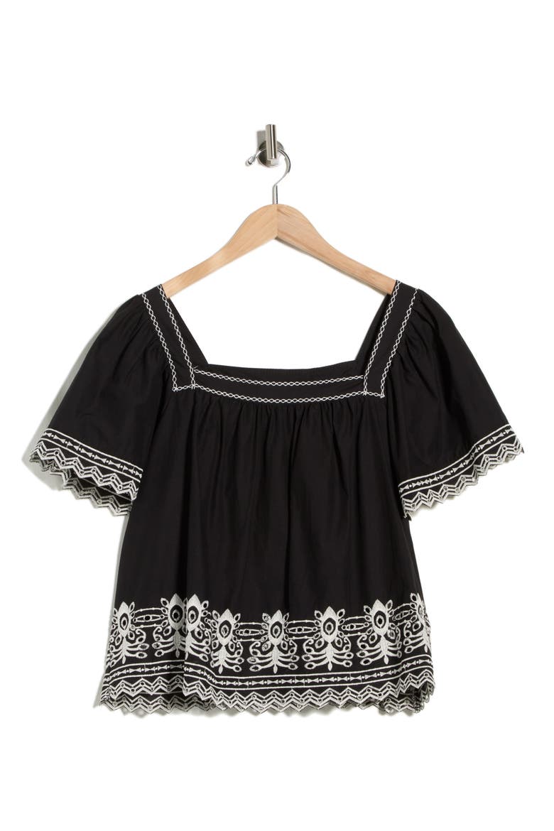 Embroidered Short Sleeve Cotton Top, Alternate, color, BLACK / ECRU