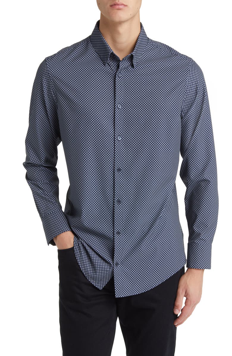 Mizzen+Main Leeward Trim Fit Navy Dash Geo Print Performance Button-Up Shirt, Main, color, 